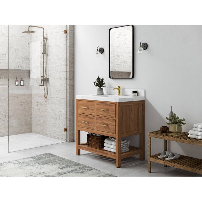 Willow Collections 36 in. W x 22 in. D Parker Solid Teak Wood Single Sink Bathroom Vanity with Quartz or Marble Countertop