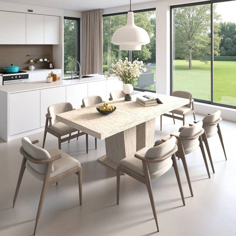 Wood Extendable Dining Table for 6-10 Person, Large Rectangle Expanding Dining Table with Black Double Pedestal Base