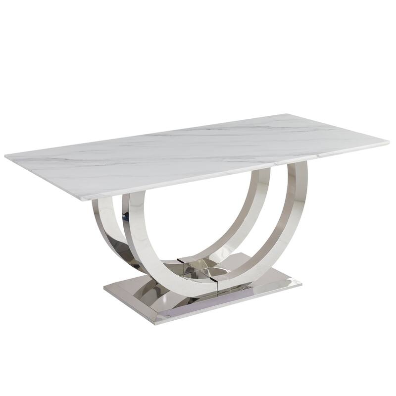 69.30 Inch Rectangular Dining Table, Modern Simple, Marble Tabletop, MDF Tabletop, Suitable For 4-6 People - Silver+White