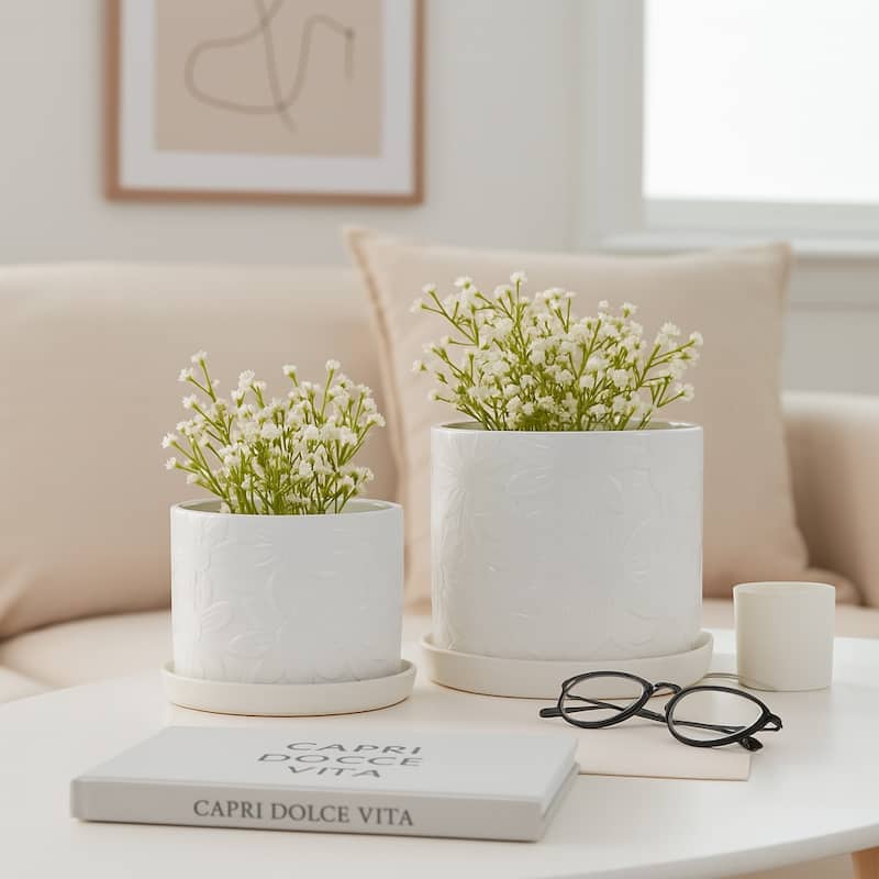 Ceramic Planter Set with Embossed Floral Accent Design (Set of 2)