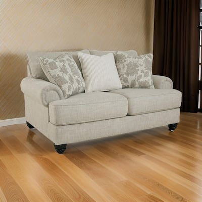 Asen 71 Inch Loveseat with 3 Accent Pillows, Roll Arms, Polyester, Beige