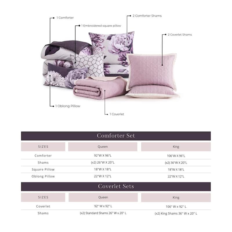 Bebejan Plum Petal 8 Piece 100 % Cotton Sateen Reversible Comforter & Coverlet Set