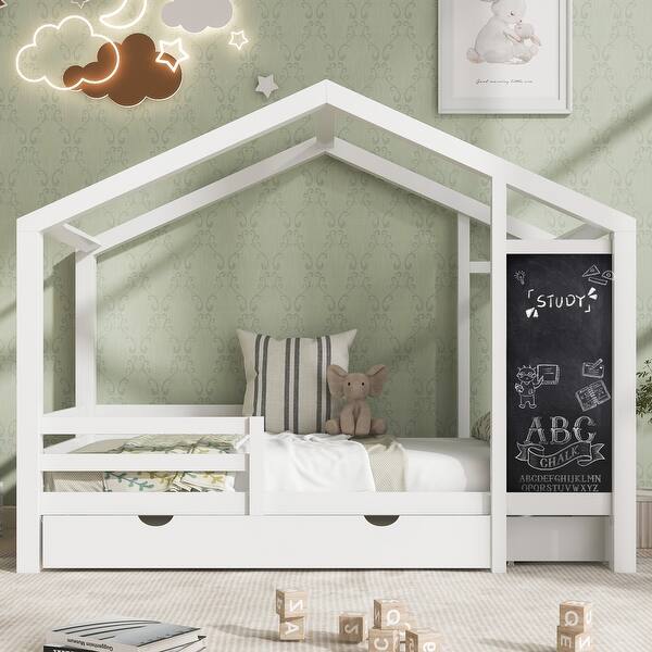 slide 2 of 14, White Multiple Storage Functions Full House Bed with Protective Rails Three Sides, Blackboard and Drawers, Two assembly options White - Full