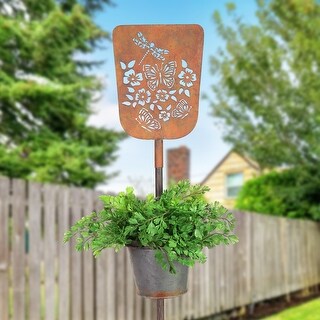 Exhart Metal Pot Garden Stake with Stamped Butterfly and Dragonfly Sign ...