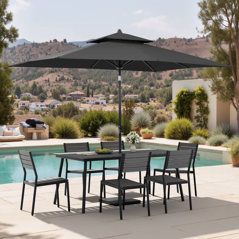 9 PC Outdoor Patio Dining Set Wood-Like Aluminum Umbrella Hole Table with Stackable Chairs,Double Top Market Umbrella and Base - GreyTable&GreyChairs&BlackUmbrella