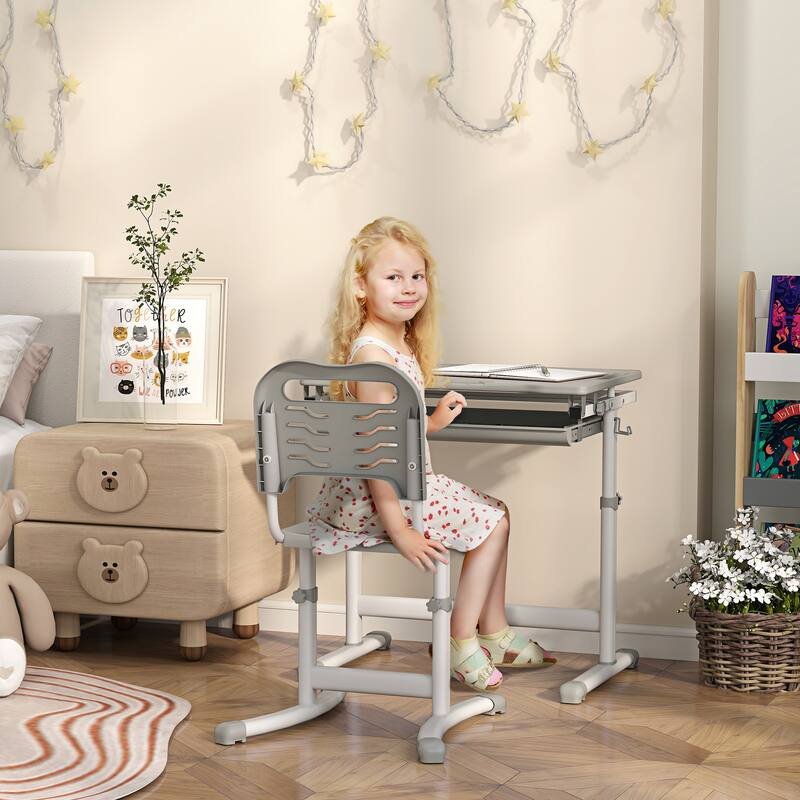 Adjustable Kids Desk and Chair Set Gray MDF Steel with Tilt Desktop and Drawer for Children Ages 6-12 - Grey