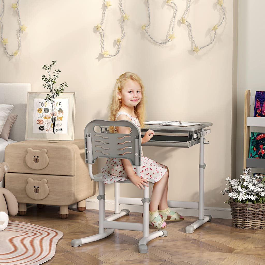 Adjustable Kids Desk and Chair Set Gray MDF Steel with Tilt Desktop and Drawer for Children Ages 6-12