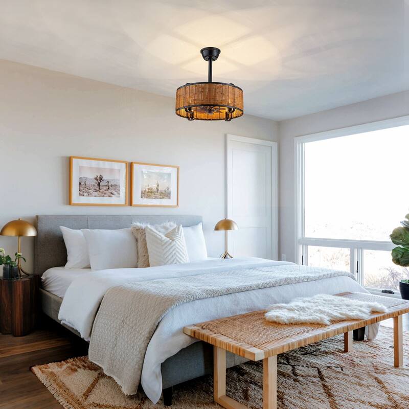 18.5 in. Farmhouse Rattan Ceiling Fan Chandelier with Remote - Black