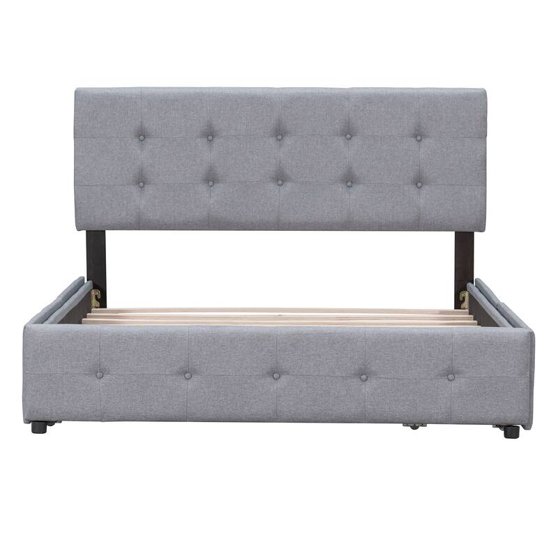 Queen Size Upholstered Platform Bed with Classic Headboard and 4 Drawers, Linen Fabric, Light Gray