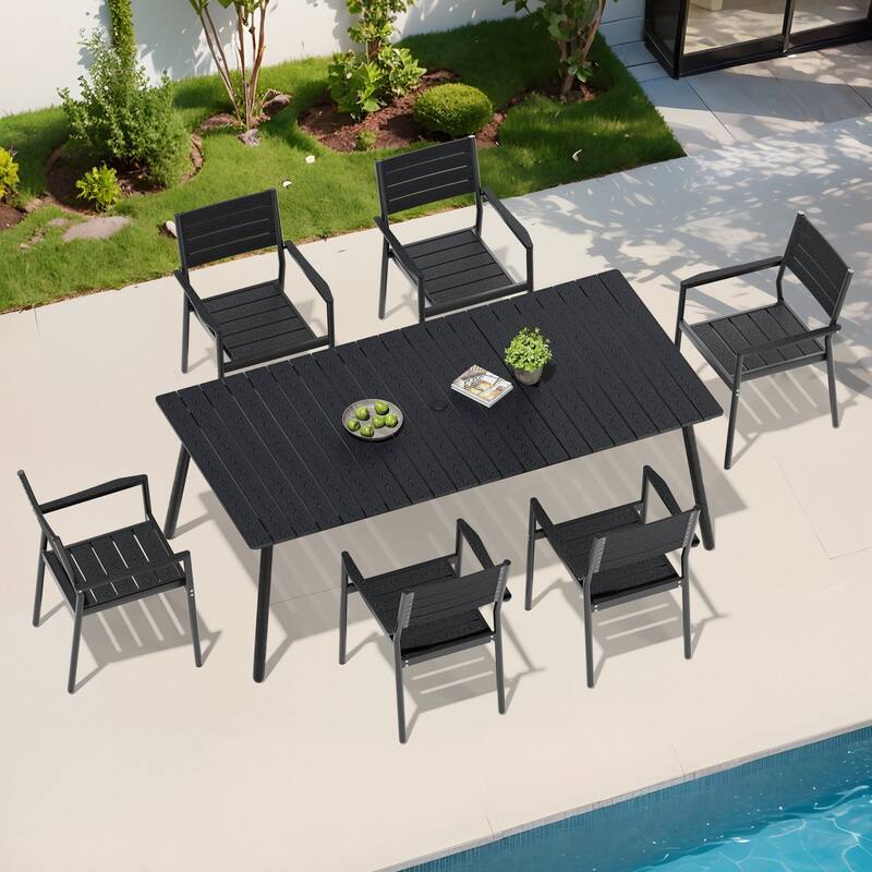 7-Piece Outdoor Patio Dining Set Aluminum Dining Table with Umbrella Hole and Stackable Armchairs - Black