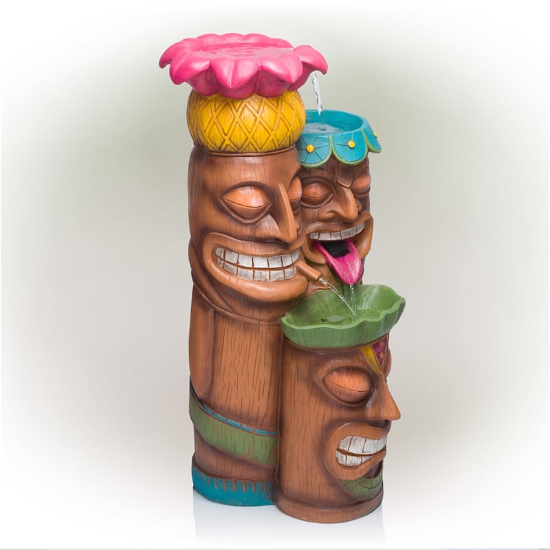 Alpine Corporation - 3-Tiered Colorful Tiki Head Water Fountain, Indoor/Outdoor Tropical Waterfall with LED Lights, for Garden