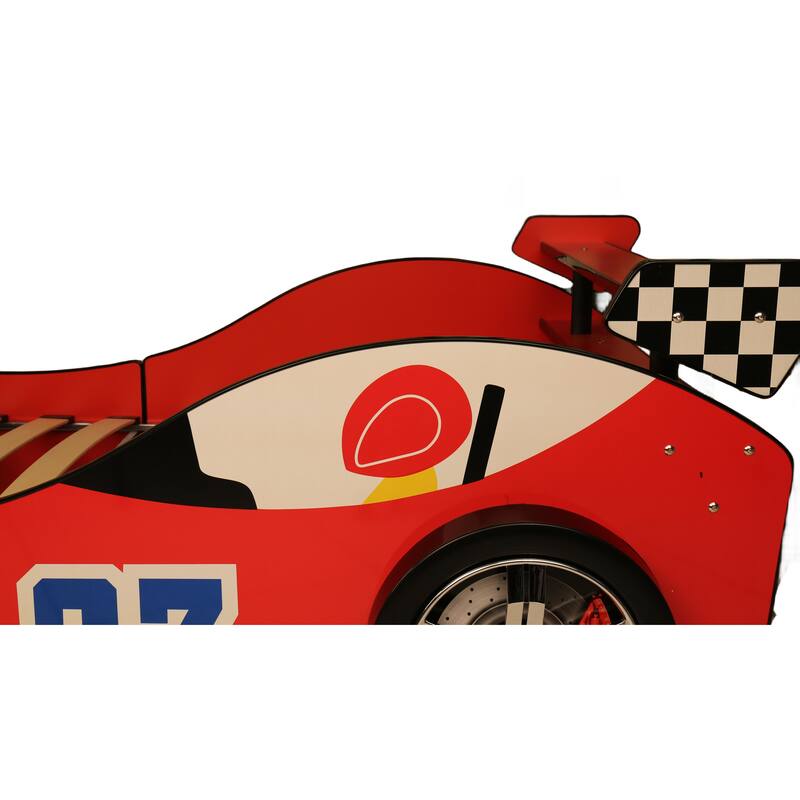 Race Car Twin Floor Bed with LED Headlights and Guardrails MDF Frame