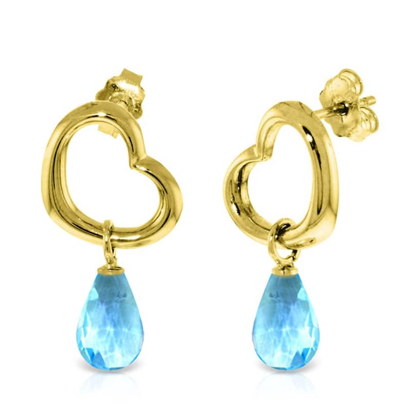 14K Solid Gold Heart Gemstone Earrings w/ Dangling Natural Blue Topaz - Yellow