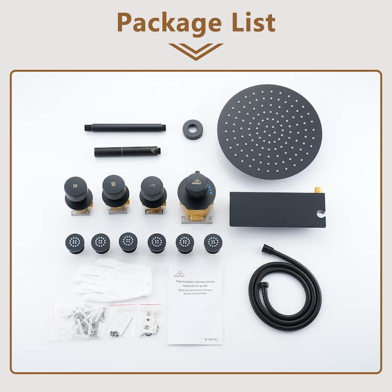 CASAINC Thermostatic 12 inch Rainfall Showerhead with Handheld Spray & 6 Body Jets Set(Can All Run Together) Rain Shower System