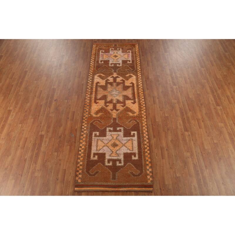 Brown Oushak Turkish Vintage Runner Rug Hand-Knotted Wool Carpet - 3'5"x 10'9"