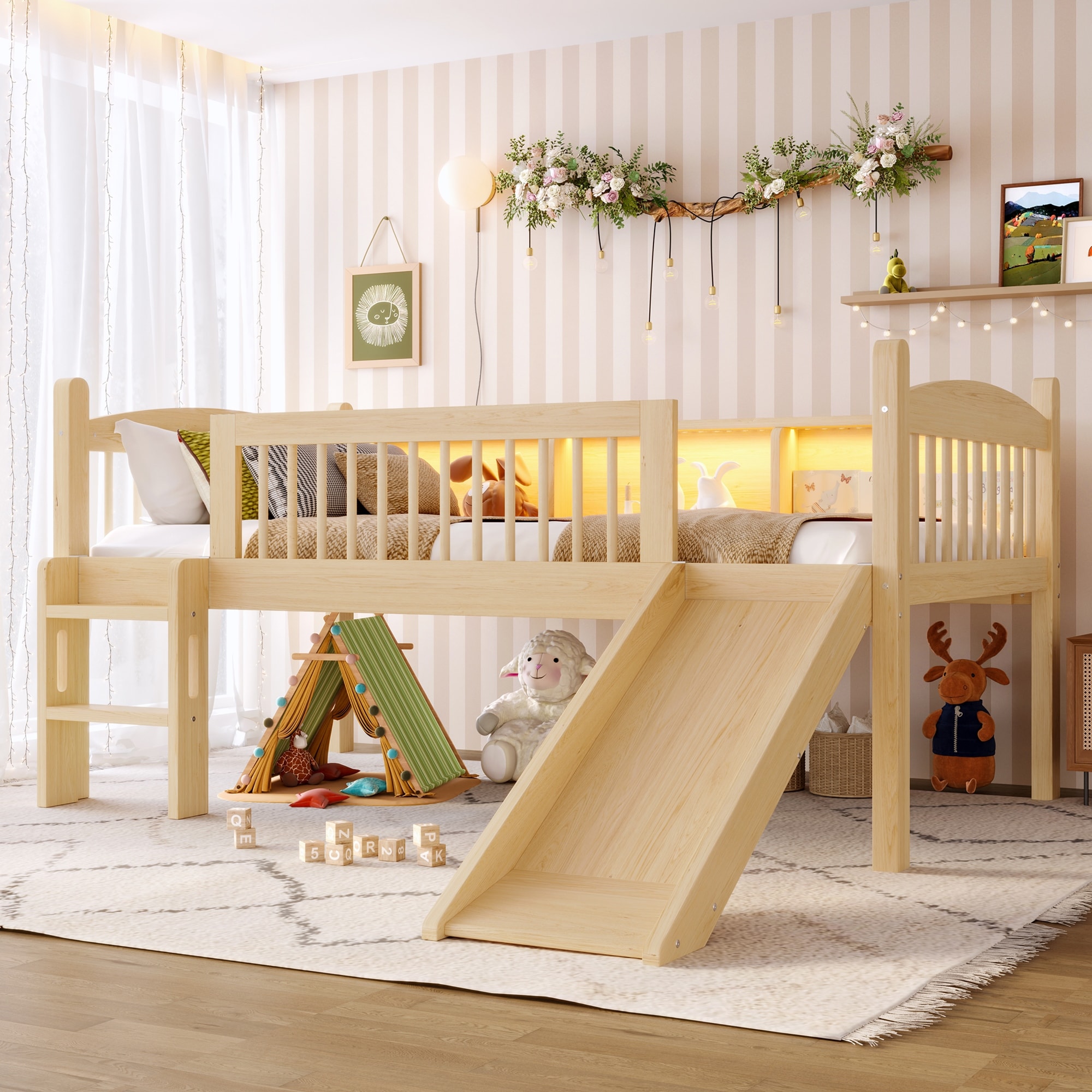 Twin Loft Bed with Storage Shelves, LED Lights & Guardrails