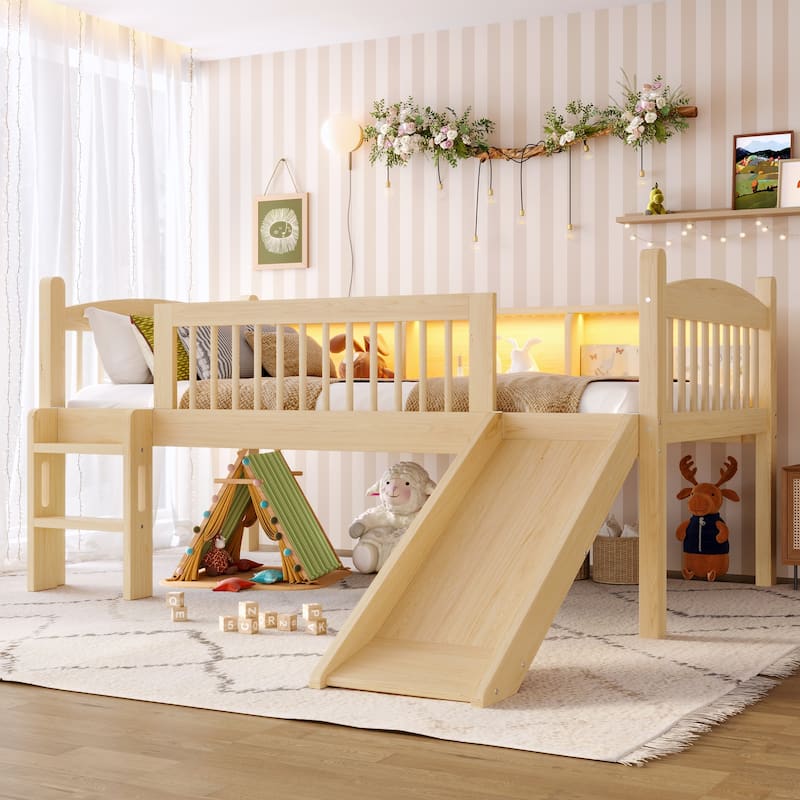 Twin Loft Bed with Storage Shelves, Solid Wood Lower Loft Bed with LED Lights and Full-length Guardrails - Natural