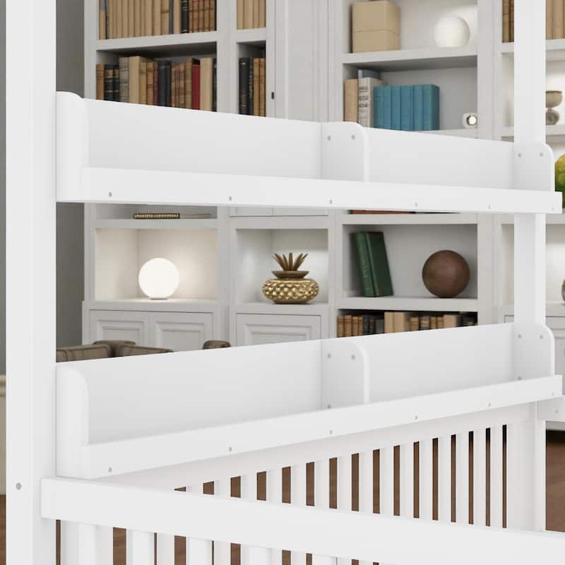 Twin/Full Size Montessori Floor Bed with Canopy and Guardrails, Solid Wood Kids Bed Frame with Shelves, No Box Spring Needed