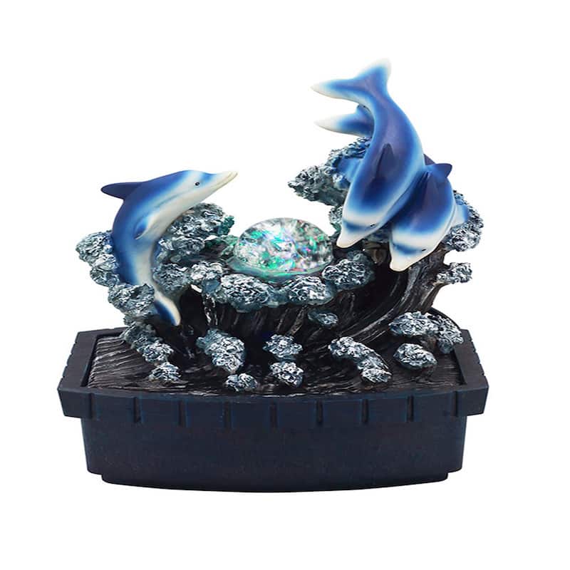 Eci 11 Inch Dolphin Tabletop Water Fountain, LED Light, Painted Multicolor
