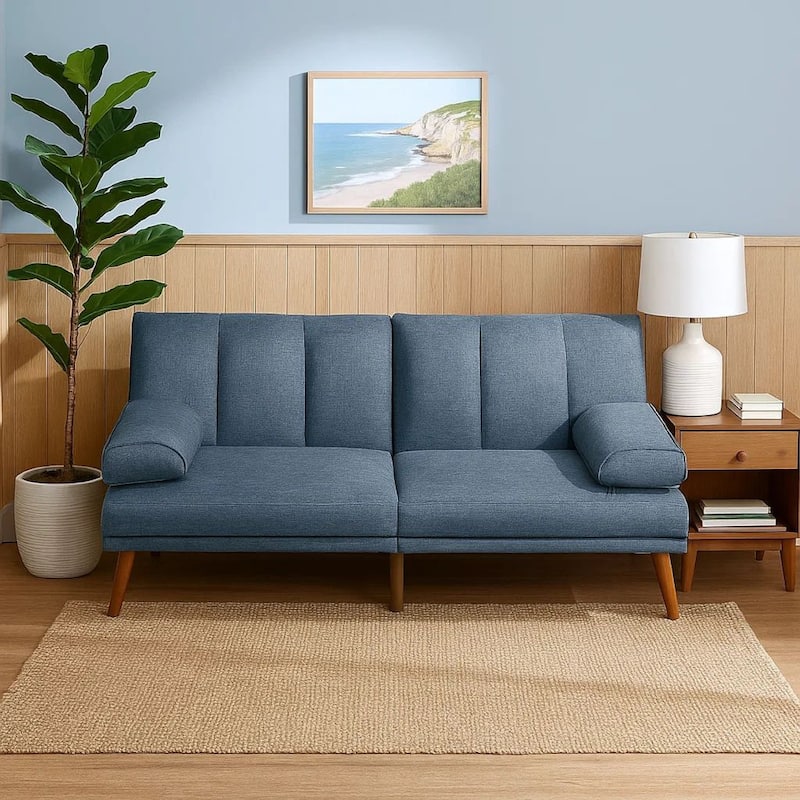 Dora 71 Inch Adjustable Futon Sofa Bed with Vertical Channel Tufting, Blue