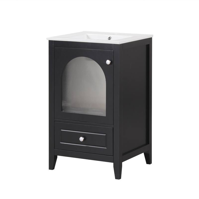 Bathroom Vanity with Ceramic Sink, Single Basin Vanity Set with Door and Drawer, Bathroom Cabinet with Soft Closing Glass Door