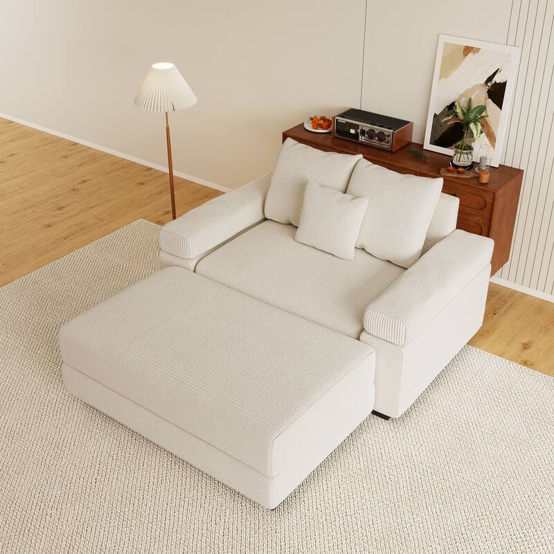 Rossetta Modern 54.3" Oversized Soft Cloud Corduroy Upholstery Extra-Thick Armrests Couch with Throw Pillows, 1 Movable Ottoman