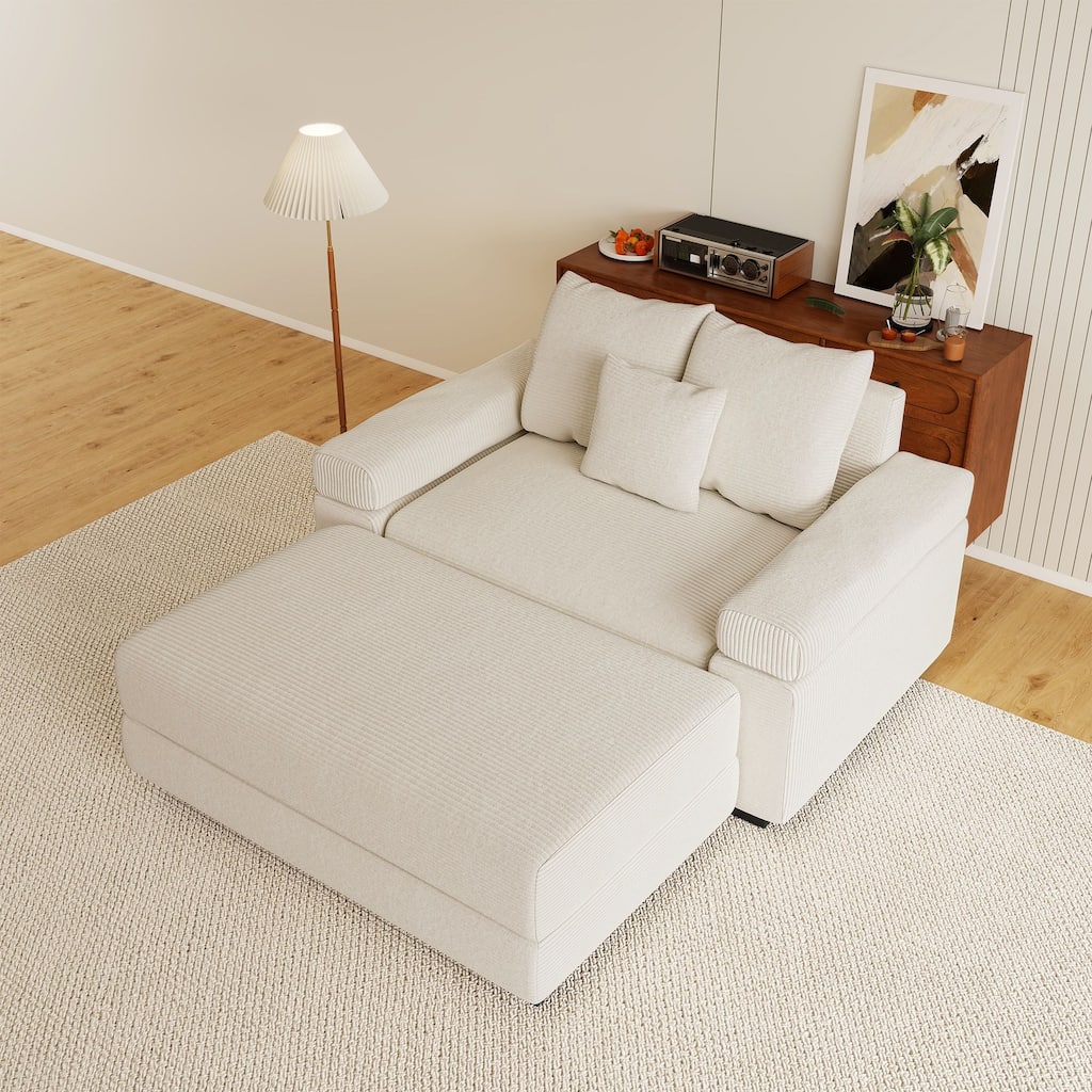 Rossetta Modern 54.3" Oversized Soft Cloud Corduroy Upholstery Extra-Thick Armrests Couch with Throw Pillows, 1 Movable Ottoman