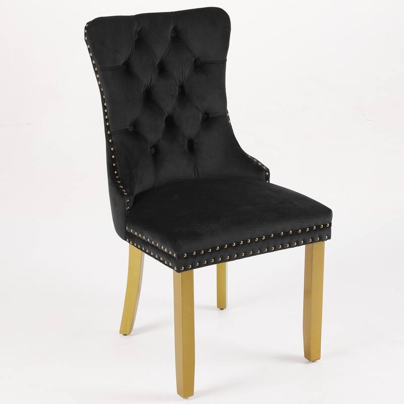 Velvet Dining Chairs Set of 2, Tufted Dining Chairs with Nailhead Trim, Kitchen Chairs with Lion Head Pulls Ring & Wooden Legs