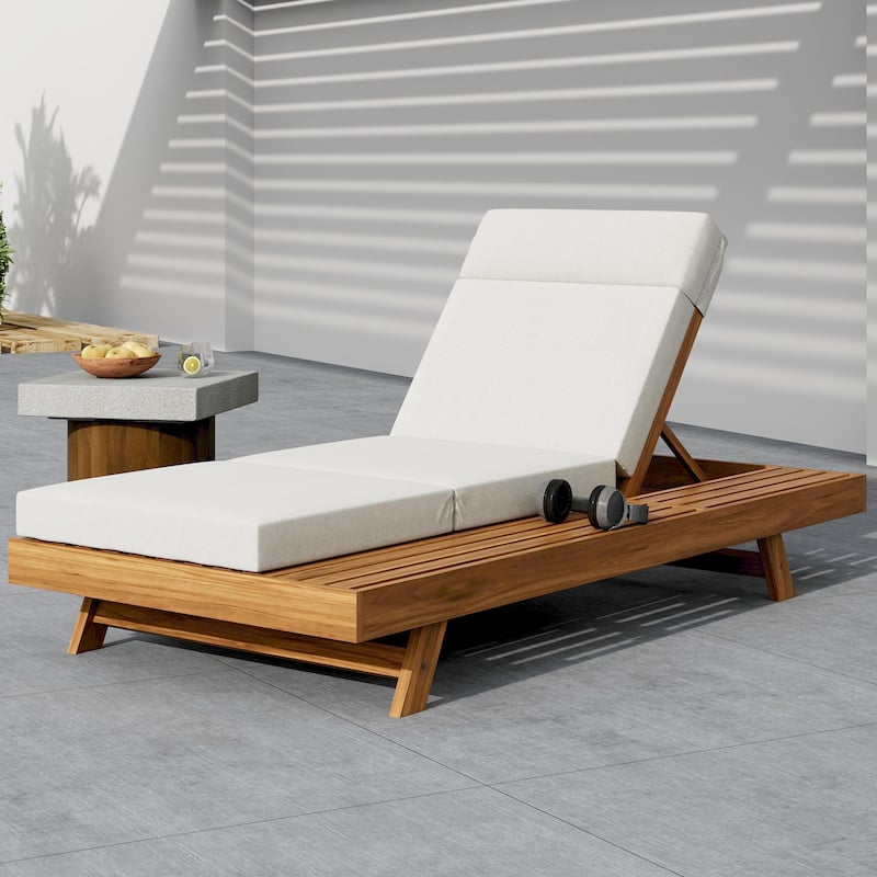 One-sided Open Storage Lounge Chairs Outdoor Patio Acacia Wood Chaise Lounge with Adjustable Backrest & Water-repellent Cushions - 4" Triple Fold Cream Cushions - 1pc