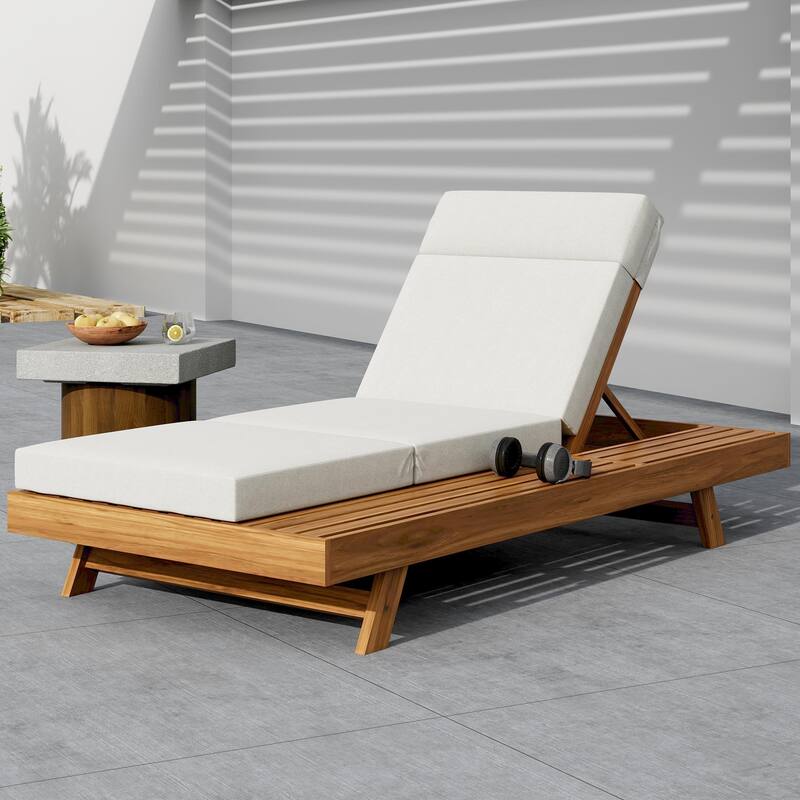 Roomfitters Acacia Wood Chaise Lounge with Headrest and Side Tray, 3-Fold 4" Cushion, Water-Resistant