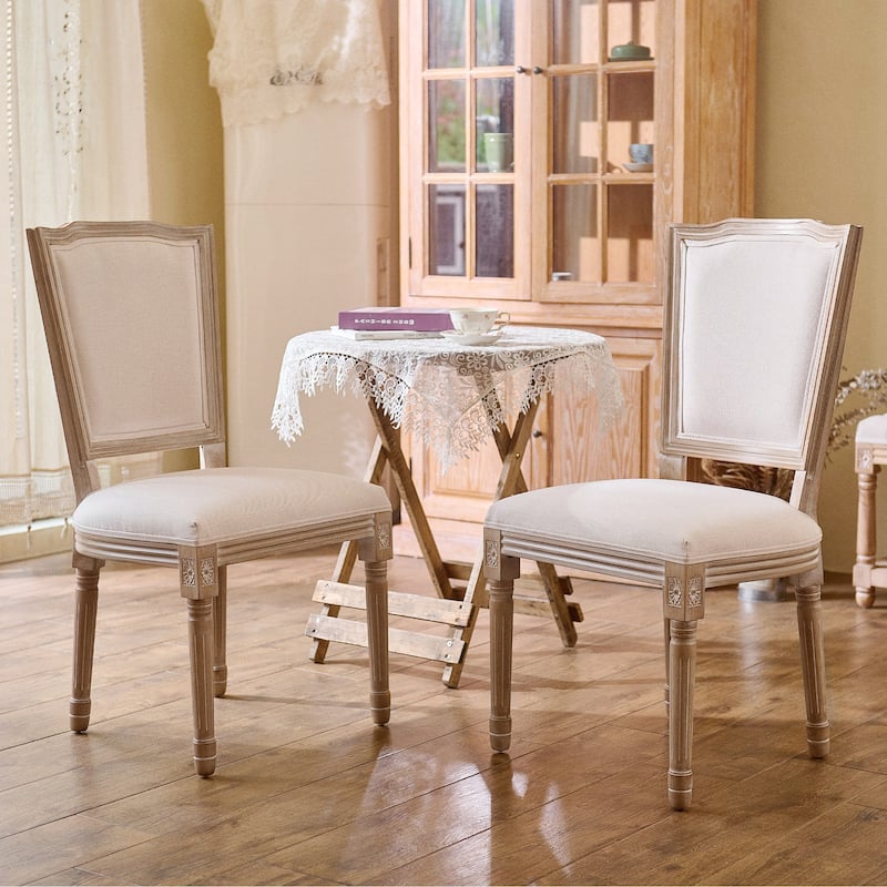 Set of 2 French Side Chairs with Carved Wood Legs & Linen Upholstery