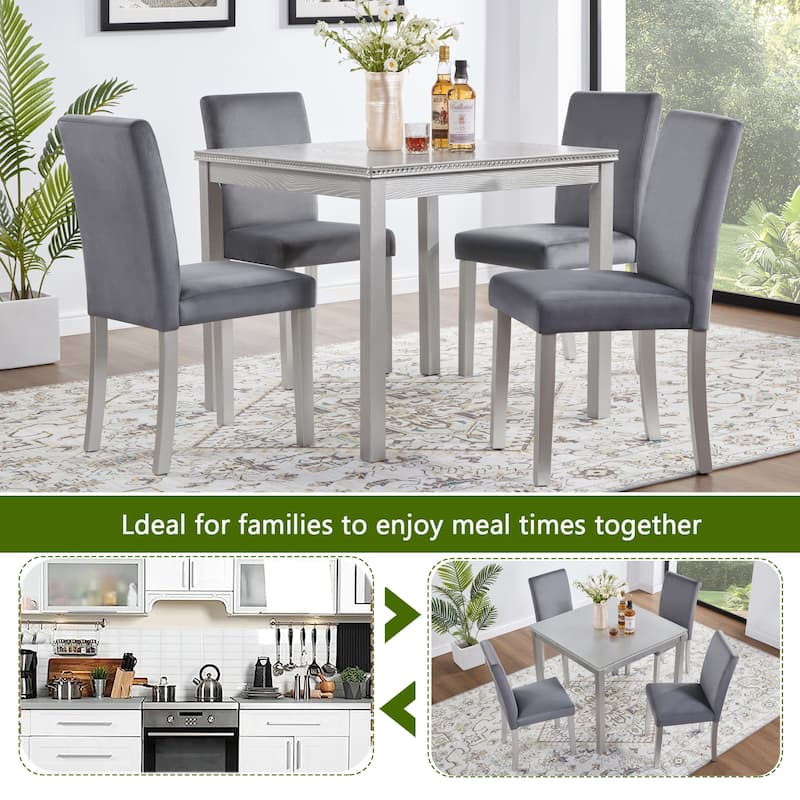 5 Piece Wooden Square Dining Table Set, with Crystal Decoration and 4 Upholstered Chairs
