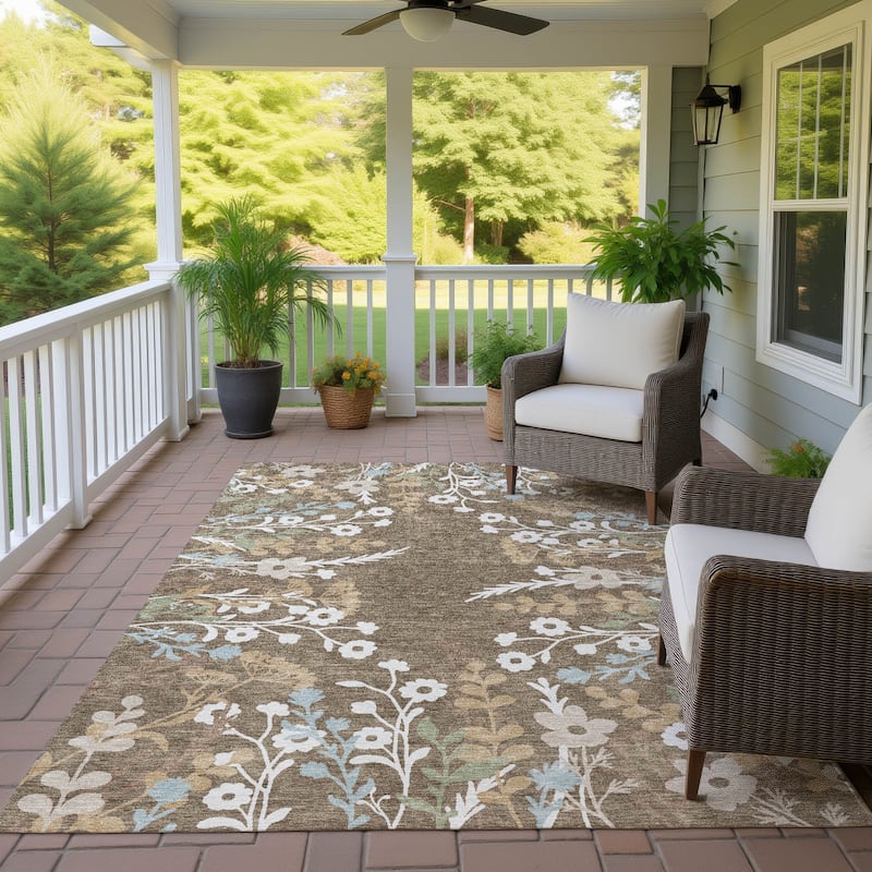 Machine Washable Indoor/ Outdoor Floral Border Chantille Rug