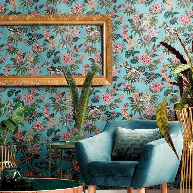 Galerie Wallcoverings Into The Wild Leopard and Zebras Floral Non-woven Metallic Wallpaper Roll