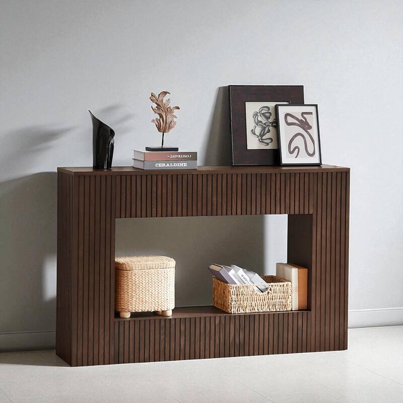 55" Modern Slatted Console Table, Narrow Entryway Table with Ash Veneer for Hallway or Foyer