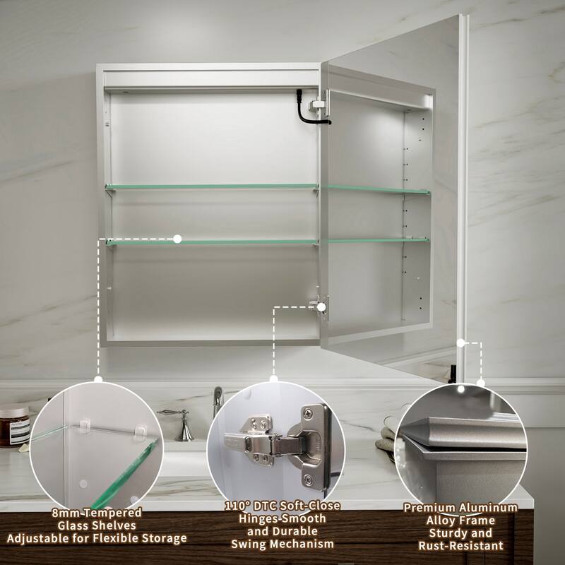 Modland 24"-30"W x 30"H LED Bathroom Medicine Cabinet with Mirror Anti-Fog,Surface or Recessed Mount