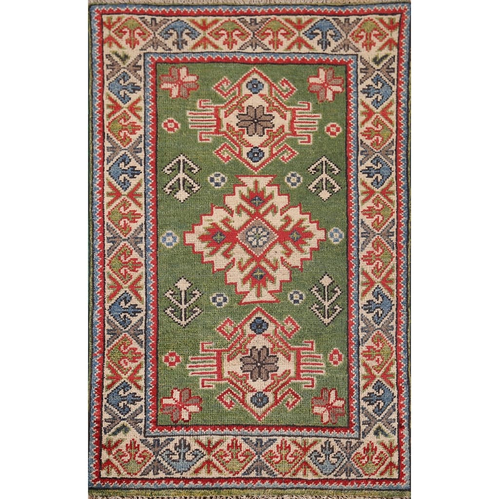 Green Geometric Kazak Oriental Accent Rug Handmade Wool Carpet - 1'10"x 2'10"