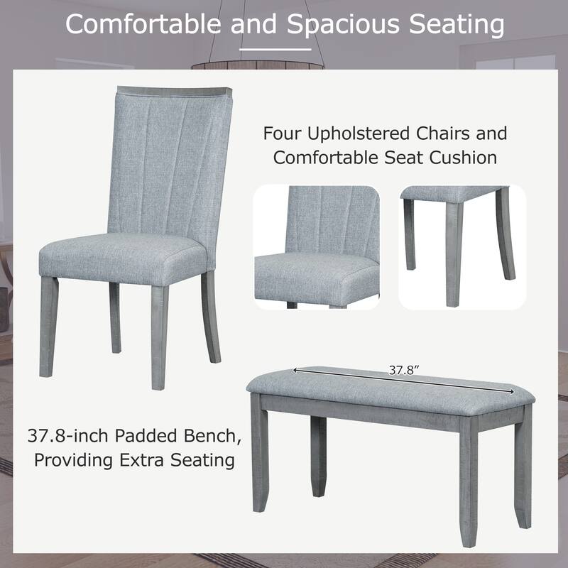 78" Rectangular Pedestal Dining Table Set with Removable 18" Leaf, Dining Bench & 4 Upholstered Chairs for 6 - Modern Design