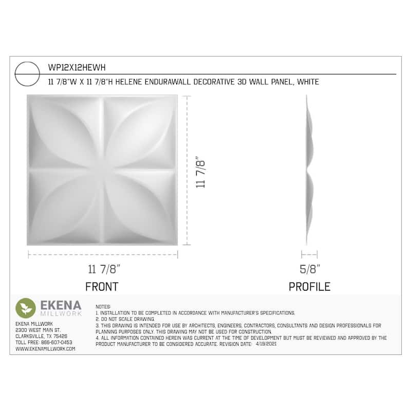 11 7/8"W x 11 7/8"H Helene EnduraWall Decorative 3D Wall Panel, White