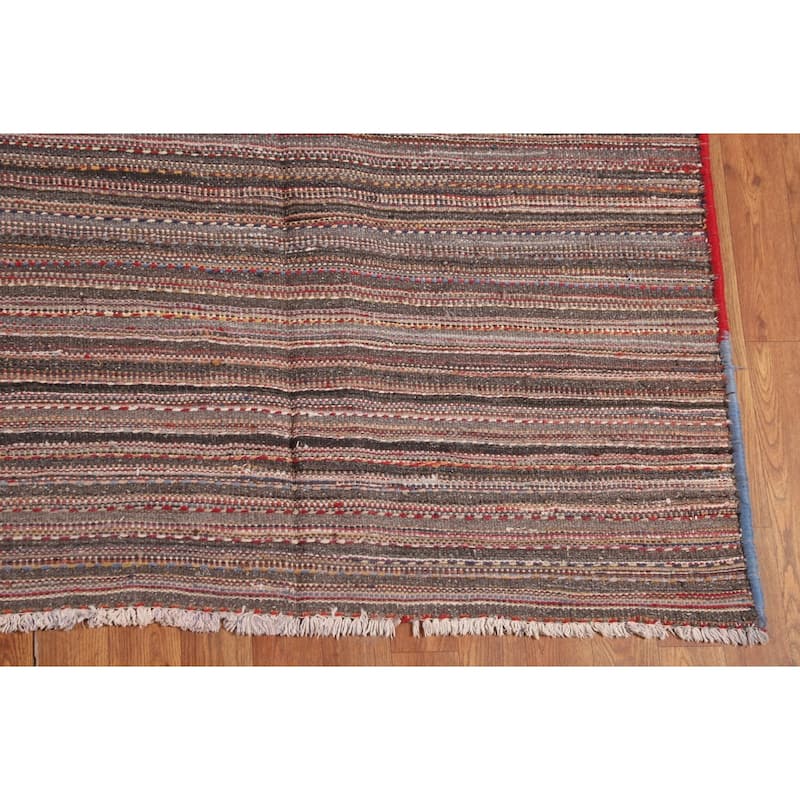 All-Over Striped Kilim Persian Vintage Area Rug Hand-Woven Wool Carpet - 7'3"x 11'0"