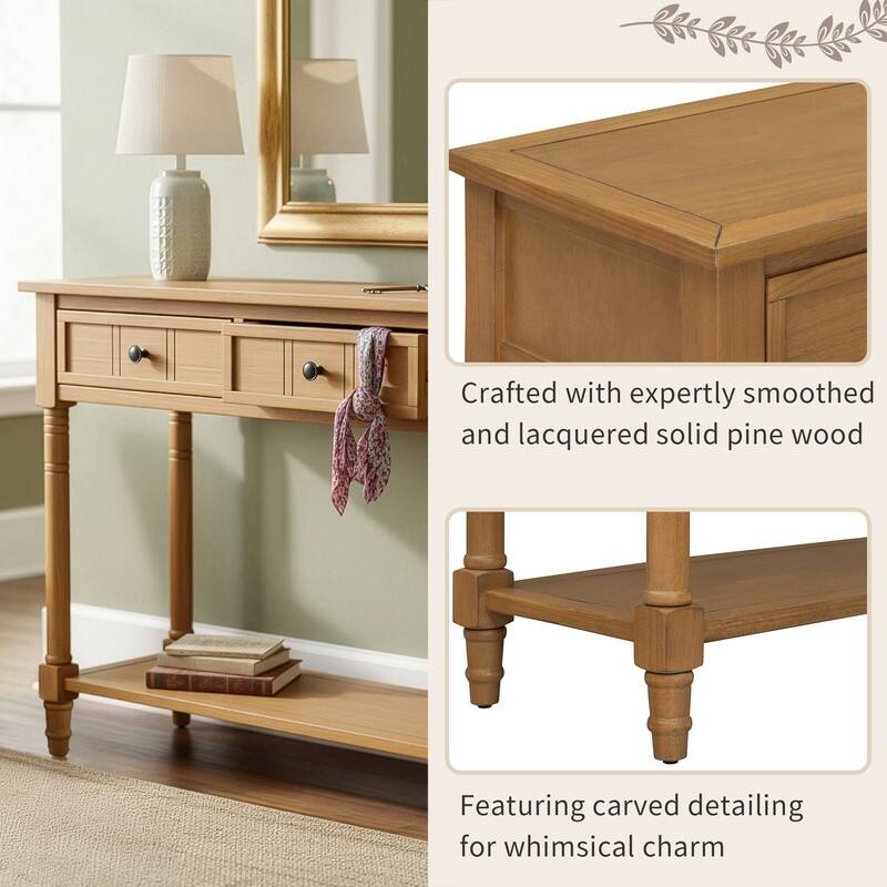 Narrow Console Table, Traditional Pine Wood Design with 2 Drawers and Bottom Shelf for Living Spaces