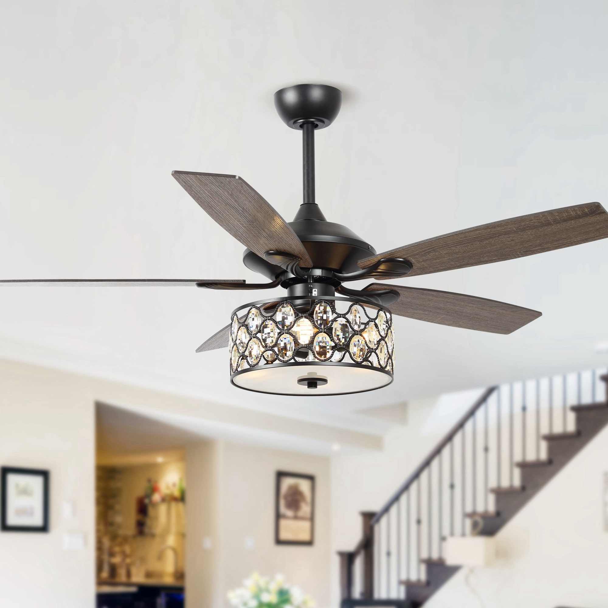 52-inch Modern Indoor 4-Light Crystal Ceiling Fan Chandelier with Remote
