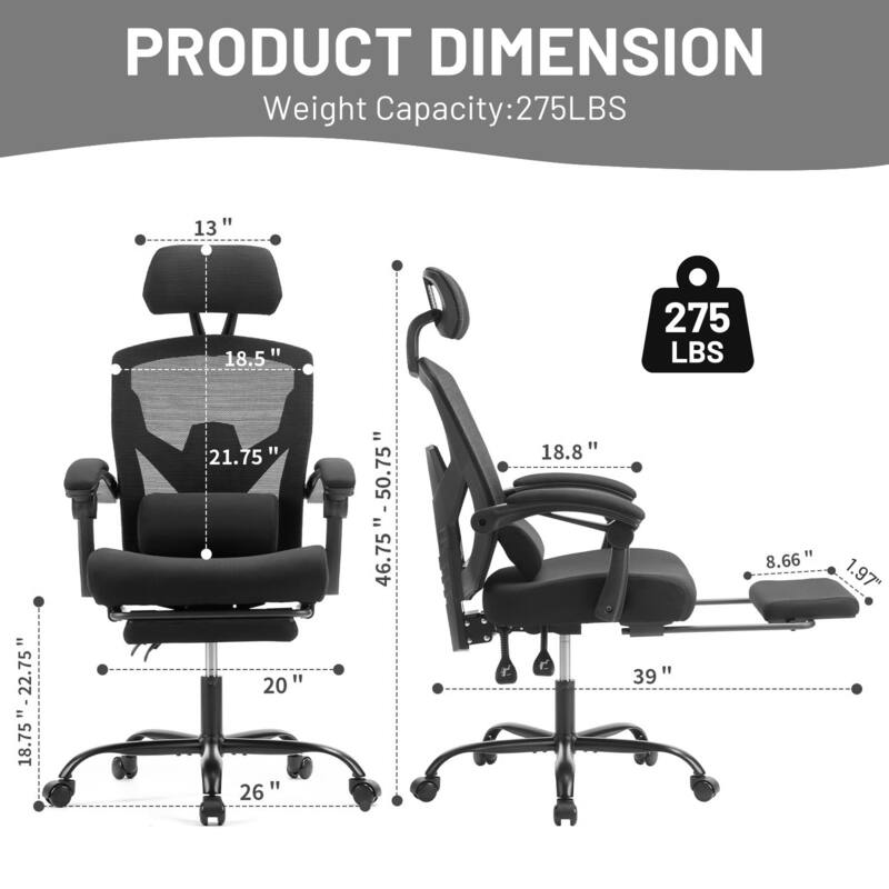 Ergonomic Office Chair with Footrest, High-Back Mesh Rolling Swivel Reclining Chairs Computer Desk Seat