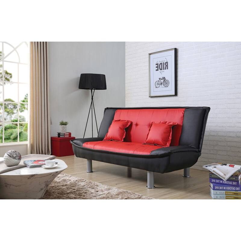 Armless Faux Leather Tufted Straight Sofa with Pillows - 74" - Red and Black