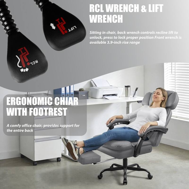 BOSSIN 400lbs Big & Tall Office Chair, Reclining Executive Chair with Footrest, Adjustable Headrest, PU Leather High Back,