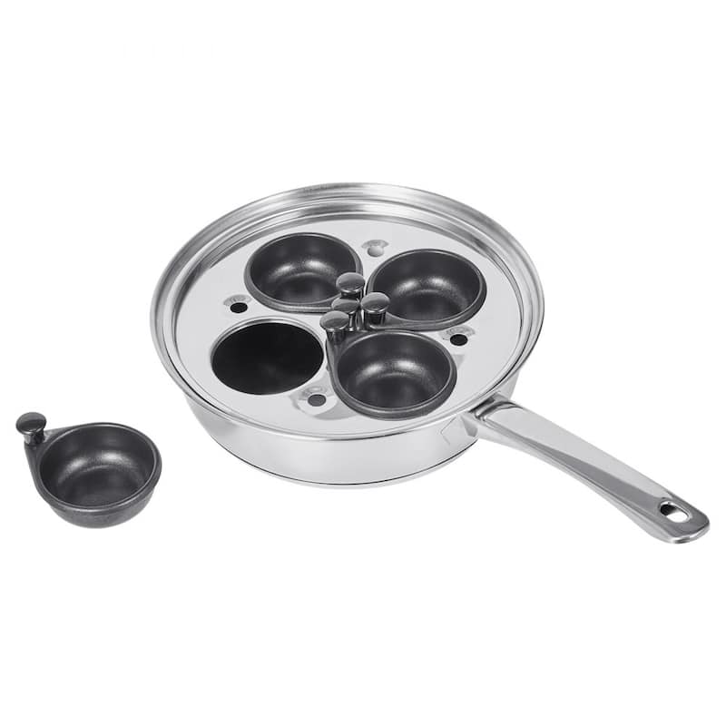 Silver Stainless Steel Egg Poacher Pan with 4 Cups and Glass Lid - 14.69 x 8.86 x 4.33 in
