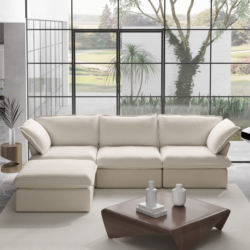 L Shaped Modern Comfy Cloud Sofa Couch, Minimalist Down-Filled Sectional Sofas Couches With Ottoman