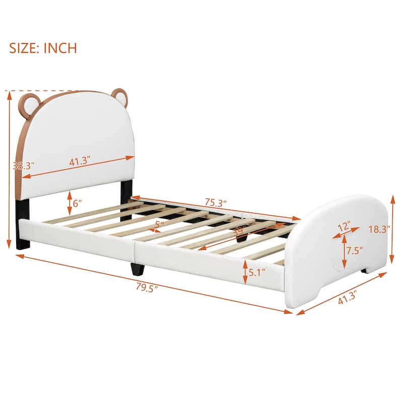 Upholstered Platform Bed, Bear-shaped Headboard, Footboard with Pocket, Wood Panel Bed for Kids Girls Boys