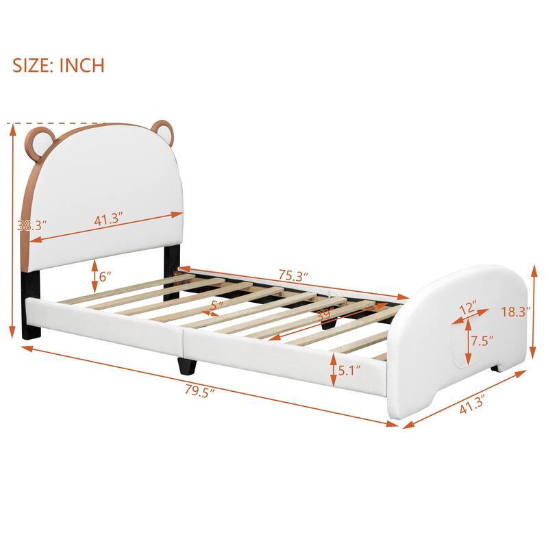Twin Size Upholstered Bed with Bear-Shaped Headboard, Footboard Pocket, Solid Frame
