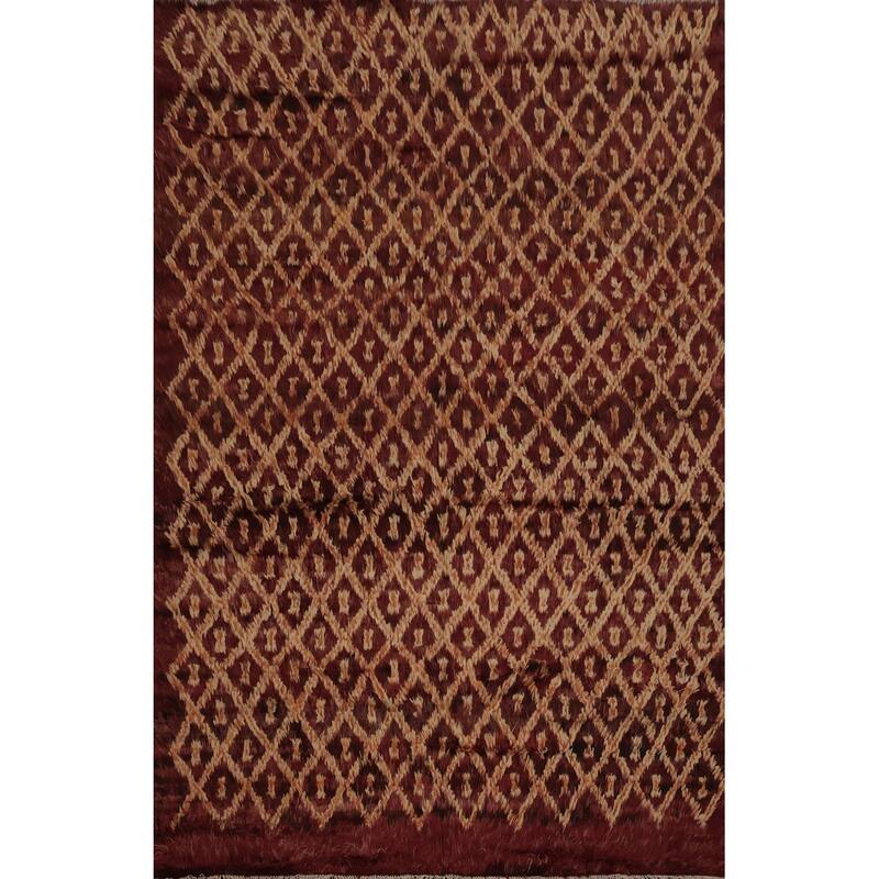 Hand Knotted Oriental 100% Wool Carpet Modern Tribal Red Moroccan Area Rug - 9' 5'' X 6' 11''